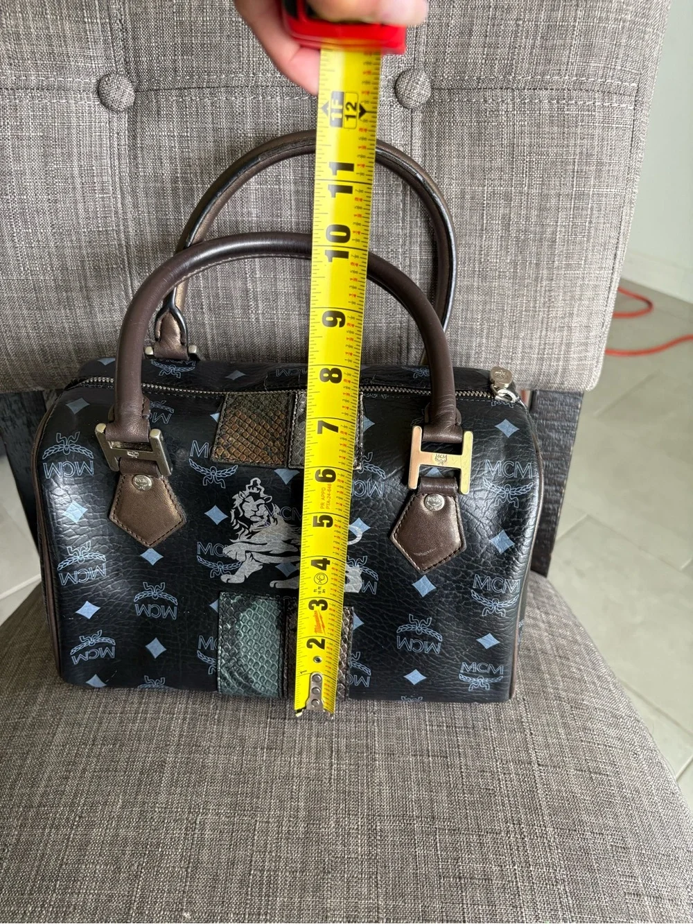 MCM Black Leather Logo Satchel with Brown Handles and Gold Hardware